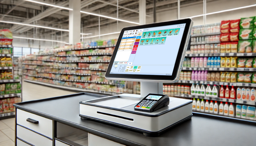 DALL·E 2025-01-24 10.23.15 - A realistic digital rendering of a modern supermarket checkout counter with a large touchscreen point-of-sale (POS) system placed on top of a cashier_
